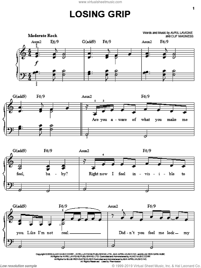 Losing Grip sheet music for piano solo by Avril Lavigne and Clif Magness, easy skill level