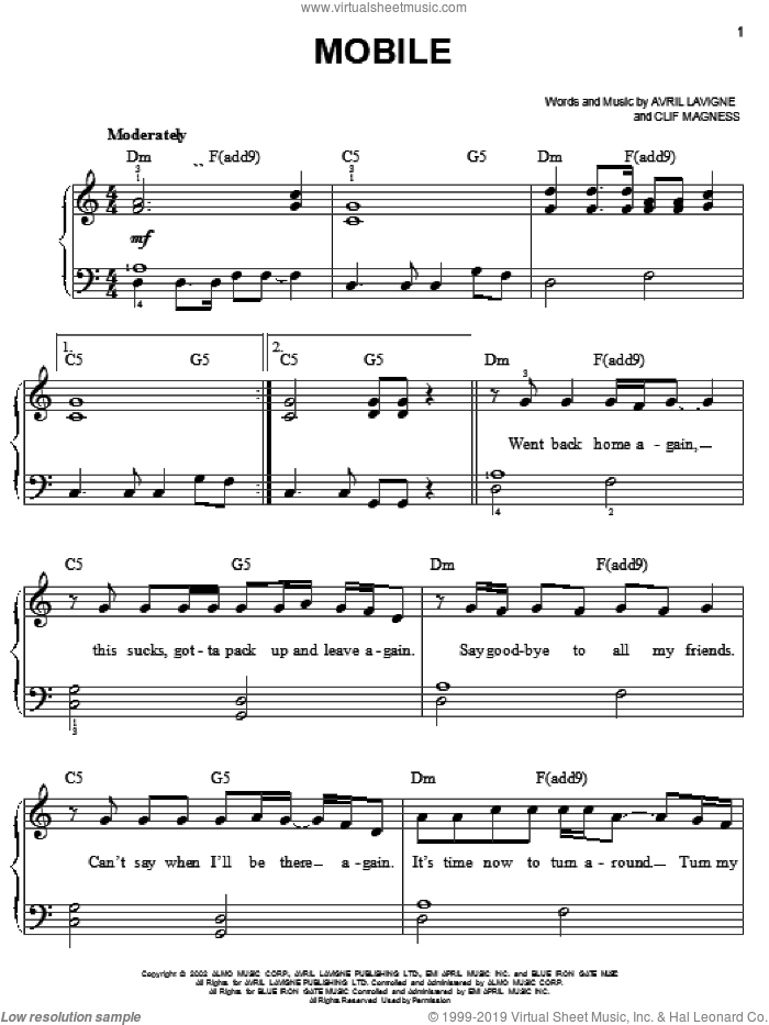 Mobile sheet music for piano solo by Avril Lavigne and Clif Magness, easy skill level