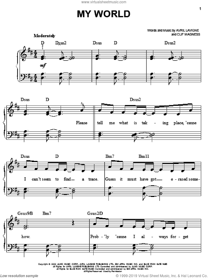 My World sheet music for piano solo by Avril Lavigne and Clif Magness, easy skill level