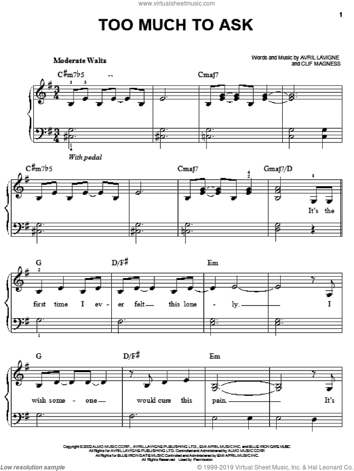 Too Much To Ask sheet music for piano solo by Avril Lavigne and Clif Magness, easy skill level
