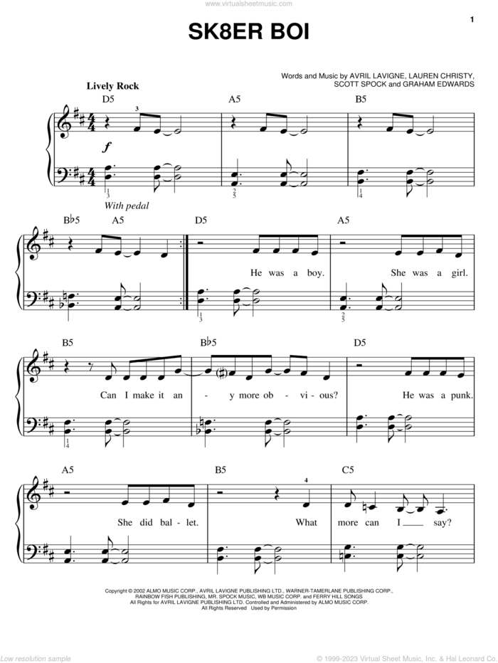 Sk8er Boi sheet music for piano solo by Avril Lavigne, Lauren Christy and Scott Spock, easy skill level
