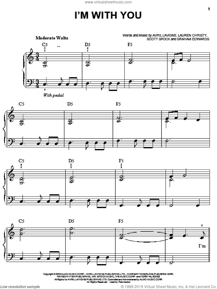 I'm With You sheet music for piano solo by Avril Lavigne, Lauren Christy and Scott Spock, easy skill level