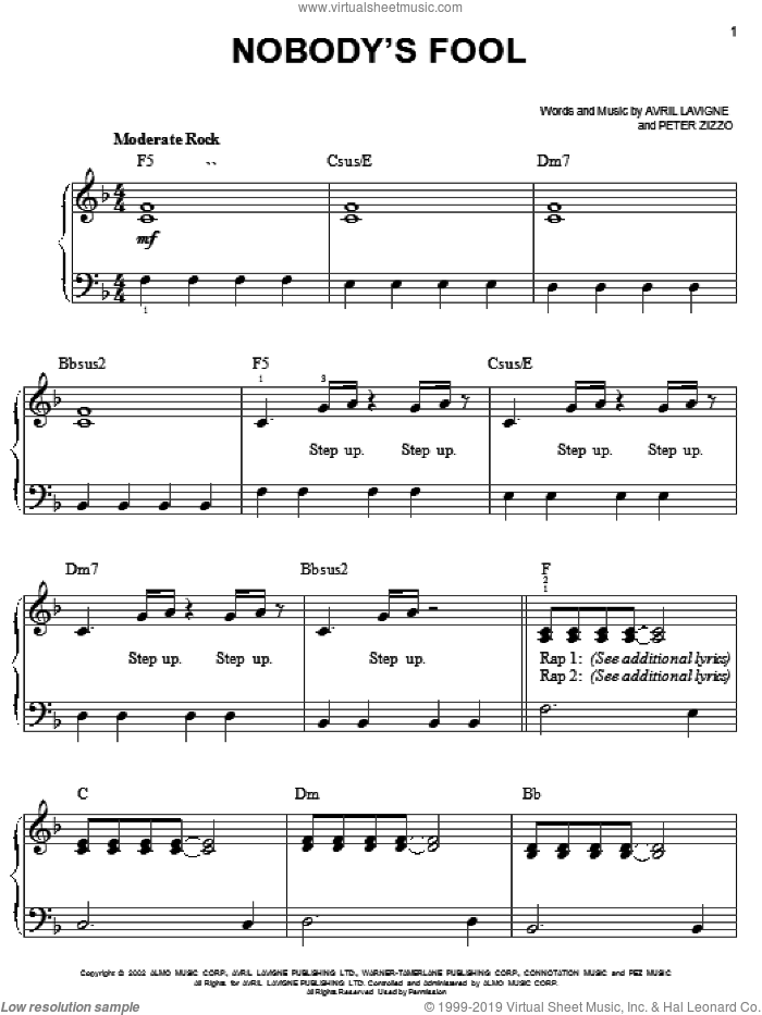 Nobody's Fool sheet music for piano solo by Avril Lavigne and Peter Zizzo, easy skill level