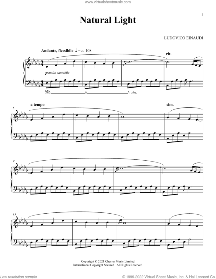 Natural Light sheet music for piano solo by Ludovico Einaudi, classical score, intermediate skill level