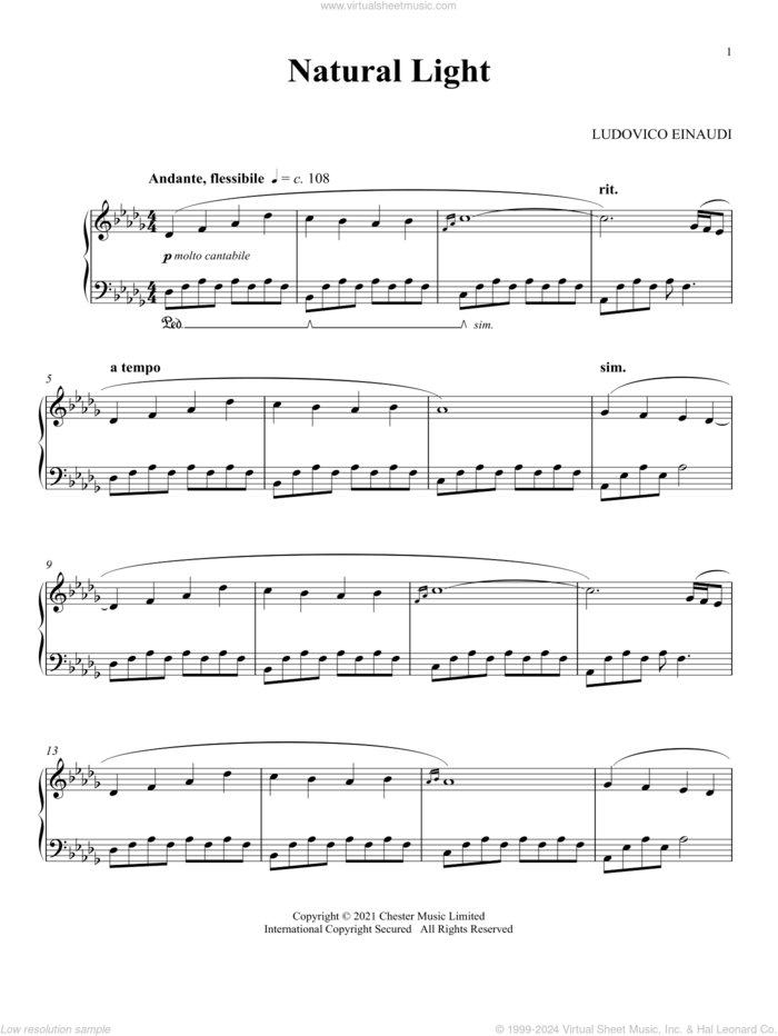 Natural Light sheet music for piano solo by Ludovico Einaudi, classical score, intermediate skill level