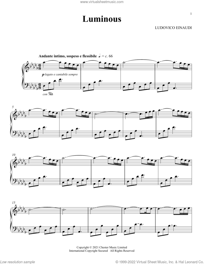 Luminous sheet music for piano solo by Ludovico Einaudi, classical score, intermediate skill level