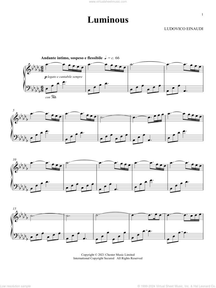 Luminous sheet music for piano solo by Ludovico Einaudi, classical score, intermediate skill level