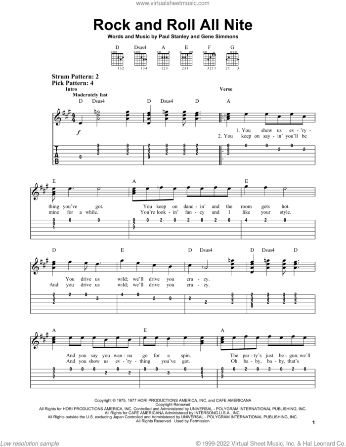 Rock And Roll All Nite sheet music for guitar solo (easy tablature) by KISS, Gene Simmons and Paul Stanley, easy guitar (easy tablature)