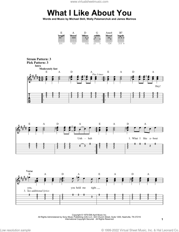What I Like About You sheet music for guitar solo (easy tablature) by The Romantics, James Marinos, Michael Skill and Wally Palamarchuk, easy guitar (easy tablature)
