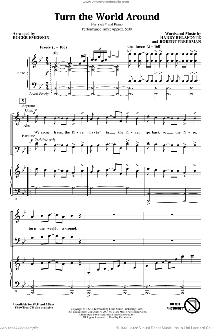 Turn The World Around (arr. Roger Emerson) sheet music for choir (SAB: soprano, alto, bass) by Harry Belafonte, Roger Emerson and Robert Freedman, intermediate skill level