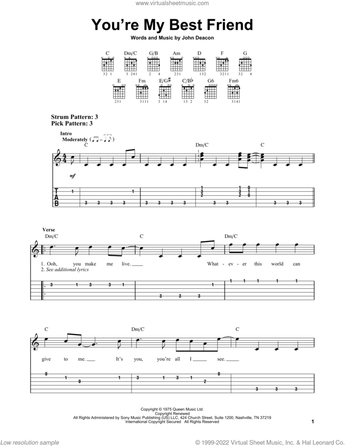 You're My Best Friend sheet music for guitar solo (easy tablature) by Queen and John Deacon, easy guitar (easy tablature)
