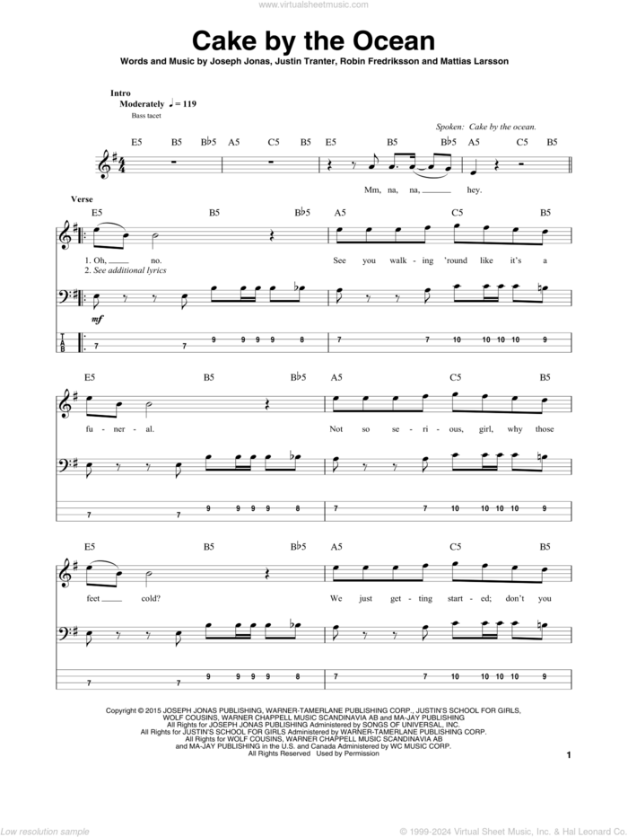 Cake By The Ocean sheet music for bass (tablature) (bass guitar) by DNCE, Joseph Jonas, Justin Tranter, Mattias Larsson and Robin Fredriksson, intermediate skill level