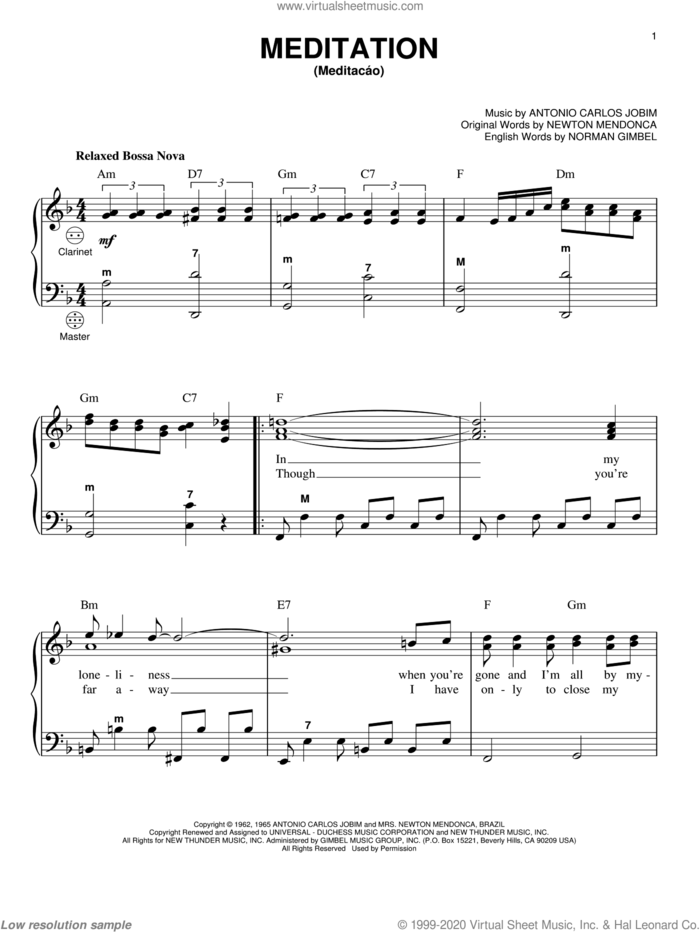 Meditation (Meditacao) sheet music for accordion by Antonio Carlos Jobim, Gary Meisner, Newton Mendonca and Norman Gimbel, intermediate skill level