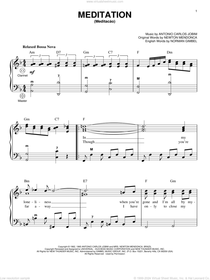 Meditation (Meditacao) sheet music for accordion by Antonio Carlos Jobim, Gary Meisner, Newton Mendonca and Norman Gimbel, intermediate skill level