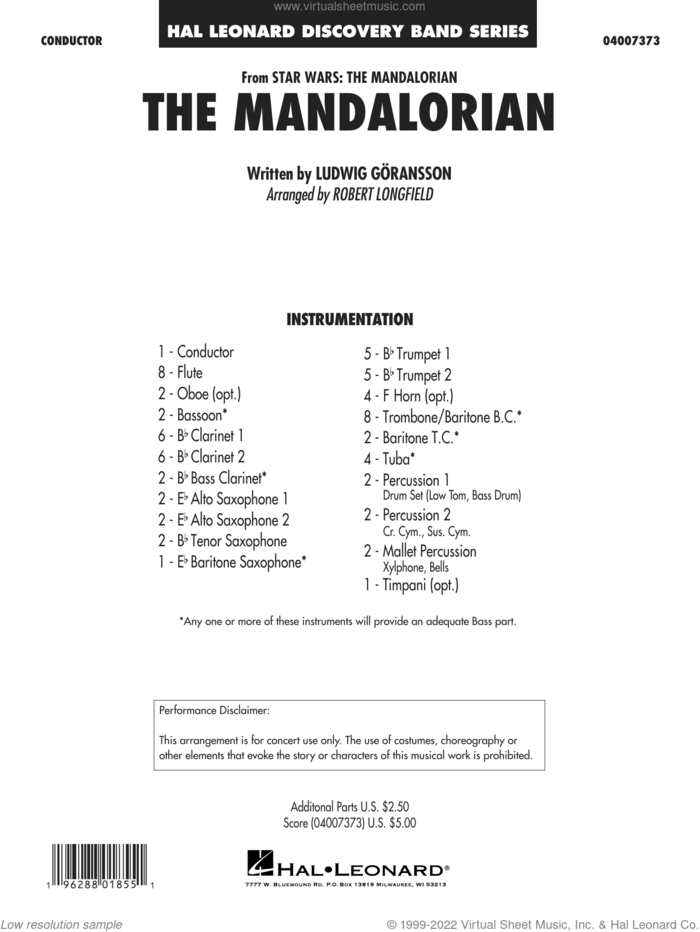 The Mandalorian (from Star Wars: The Mandalorian) (arr. Longfield) sheet music for concert band (full score) by Ludwig Göransson and Robert Longfield, intermediate skill level