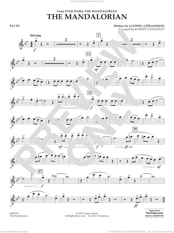 The Mandalorian (from Star Wars: The Mandalorian) (arr. Longfield) sheet music for concert band (flute) by Ludwig Göransson and Robert Longfield, intermediate skill level