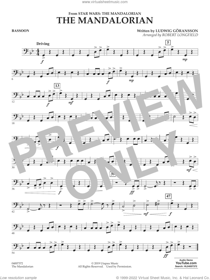 The Mandalorian (from Star Wars: The Mandalorian) (arr. Longfield) sheet music for concert band (bassoon) by Ludwig Göransson and Robert Longfield, intermediate skill level