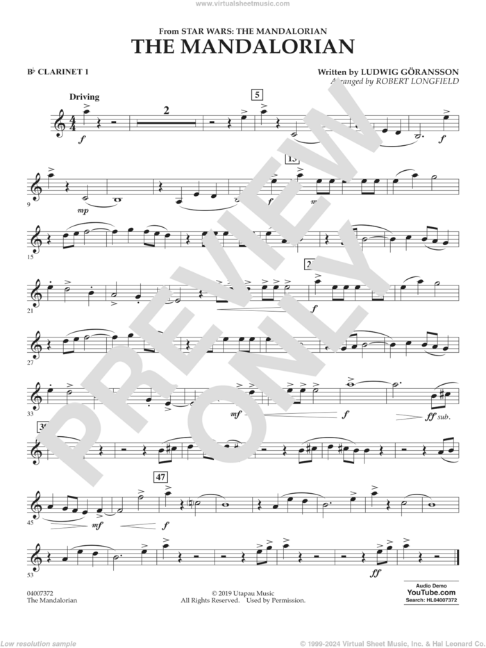The Mandalorian (from Star Wars: The Mandalorian) (arr. Longfield) sheet music for concert band (Bb clarinet 1) by Ludwig Göransson and Robert Longfield, intermediate skill level