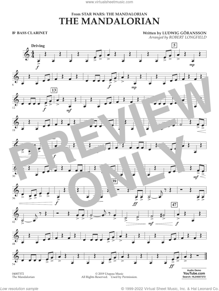 The Mandalorian (from Star Wars: The Mandalorian) (arr. Longfield) sheet music for concert band (Bb bass clarinet) by Ludwig Göransson and Robert Longfield, intermediate skill level