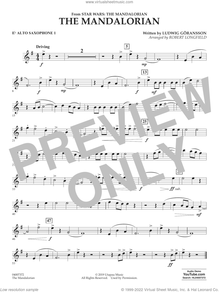 The Mandalorian (from Star Wars: The Mandalorian) (arr. Longfield) sheet music for concert band (Eb alto saxophone 1) by Ludwig Göransson and Robert Longfield, intermediate skill level