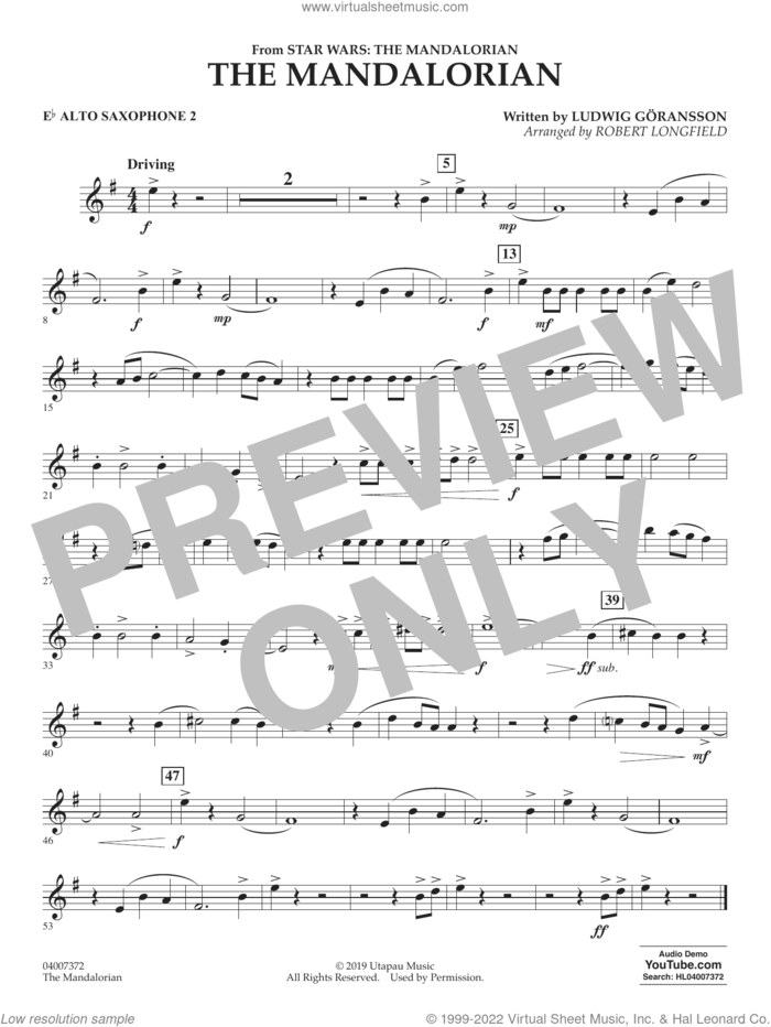 The Mandalorian (from Star Wars: The Mandalorian) (arr. Longfield) sheet music for concert band (Eb alto saxophone 2) by Ludwig Göransson and Robert Longfield, intermediate skill level