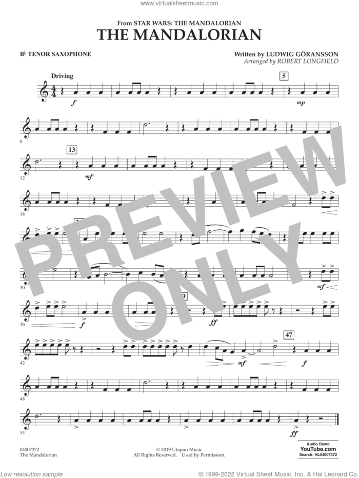 The Mandalorian (from Star Wars: The Mandalorian) (arr. Longfield) sheet music for concert band (Bb tenor saxophone) by Ludwig Göransson and Robert Longfield, intermediate skill level