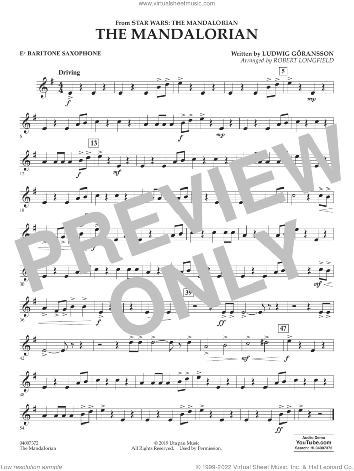 The Mandalorian (from Star Wars: The Mandalorian) (arr. Longfield) sheet music for concert band (Eb baritone saxophone) by Ludwig Göransson and Robert Longfield, intermediate skill level