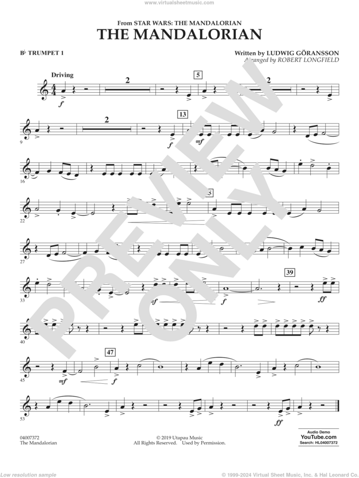 The Mandalorian (from Star Wars: The Mandalorian) (arr. Longfield) sheet music for concert band (Bb trumpet 1) by Ludwig Göransson and Robert Longfield, intermediate skill level