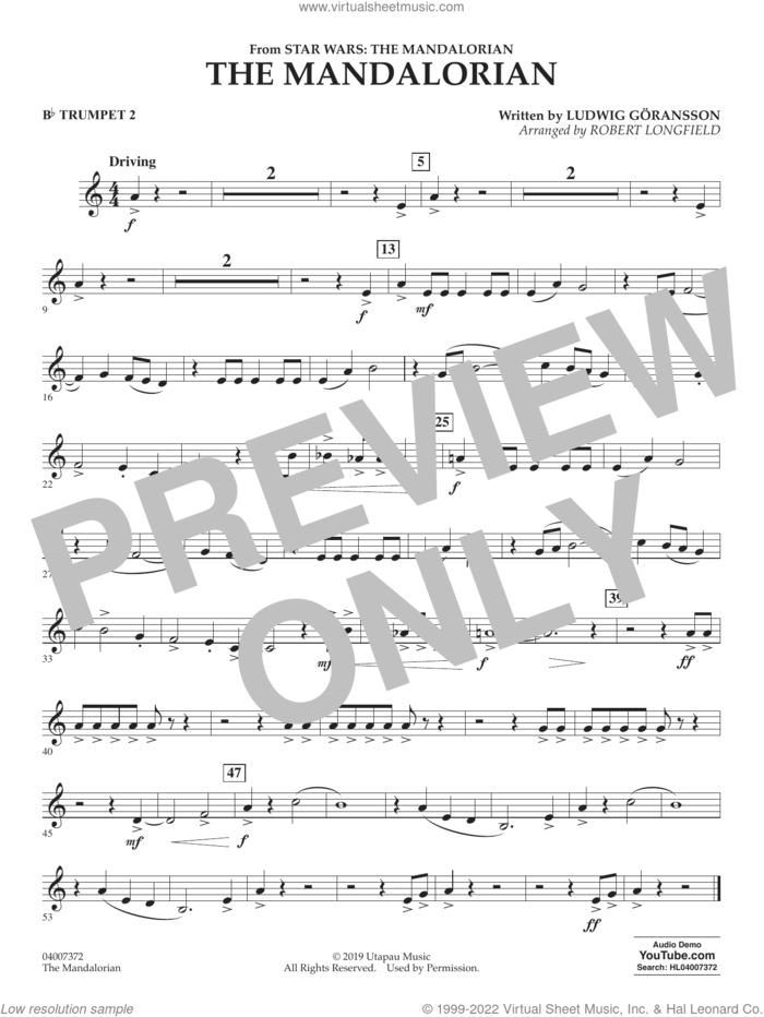 The Mandalorian (from Star Wars: The Mandalorian) (arr. Longfield) sheet music for concert band (Bb trumpet 2) by Ludwig Göransson and Robert Longfield, intermediate skill level