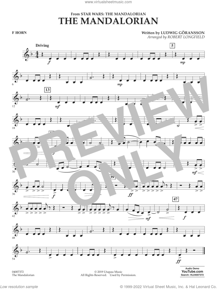 The Mandalorian (from Star Wars: The Mandalorian) (arr. Longfield) sheet music for concert band (f horn) by Ludwig Göransson and Robert Longfield, intermediate skill level