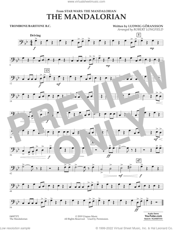 The Mandalorian (from Star Wars: The Mandalorian) (arr. Longfield) sheet music for concert band (trombone/baritone b.c.) by Ludwig Göransson and Robert Longfield, intermediate skill level