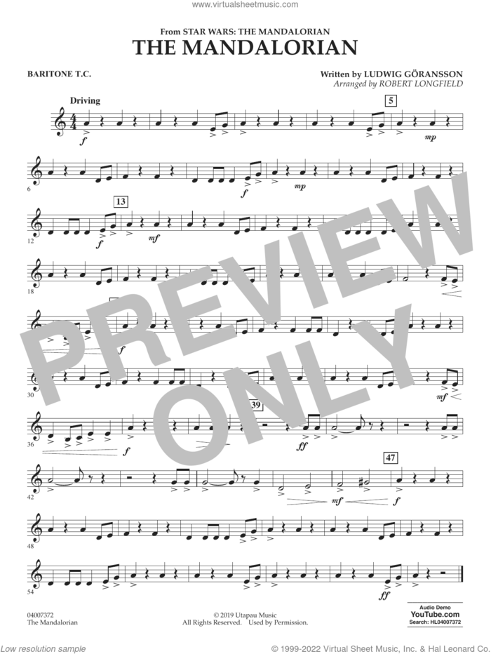 The Mandalorian (from Star Wars: The Mandalorian) (arr. Longfield) sheet music for concert band (baritone t.c.) by Ludwig Göransson and Robert Longfield, intermediate skill level