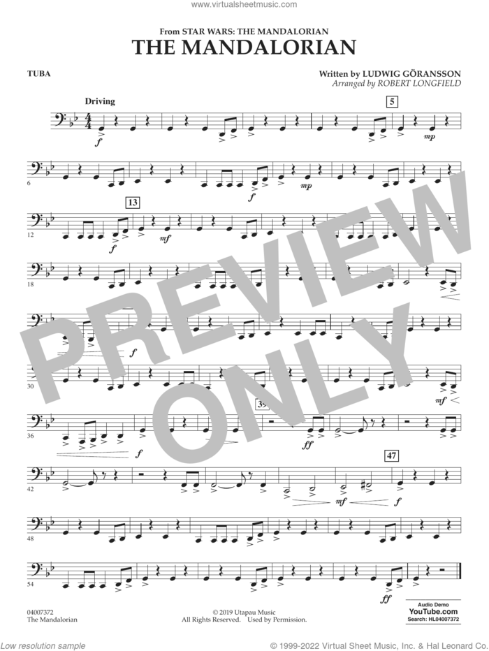 The Mandalorian (from Star Wars: The Mandalorian) (arr. Longfield) sheet music for concert band (tuba) by Ludwig Göransson and Robert Longfield, intermediate skill level
