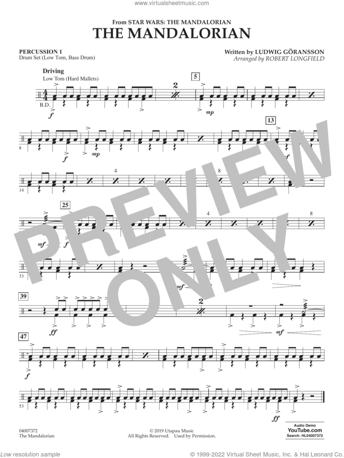 The Mandalorian (from Star Wars: The Mandalorian) (arr. Longfield) sheet music for concert band (percussion 1) by Ludwig Göransson and Robert Longfield, intermediate skill level