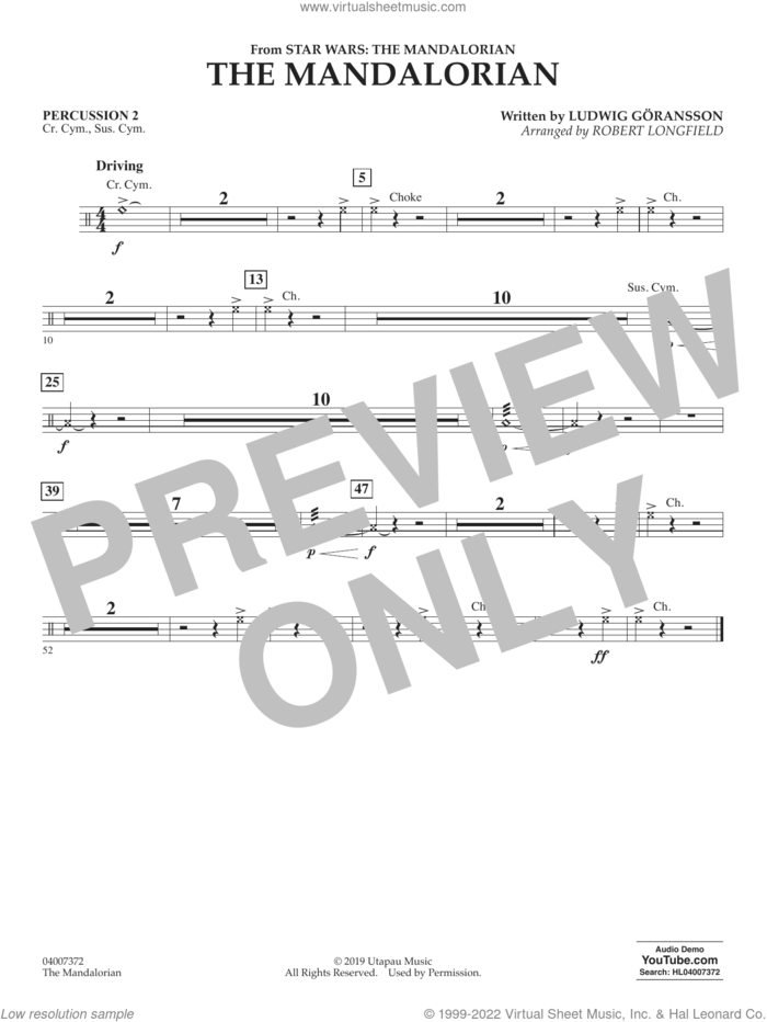 The Mandalorian (from Star Wars: The Mandalorian) (arr. Longfield) sheet music for concert band (percussion 2) by Ludwig Göransson and Robert Longfield, intermediate skill level