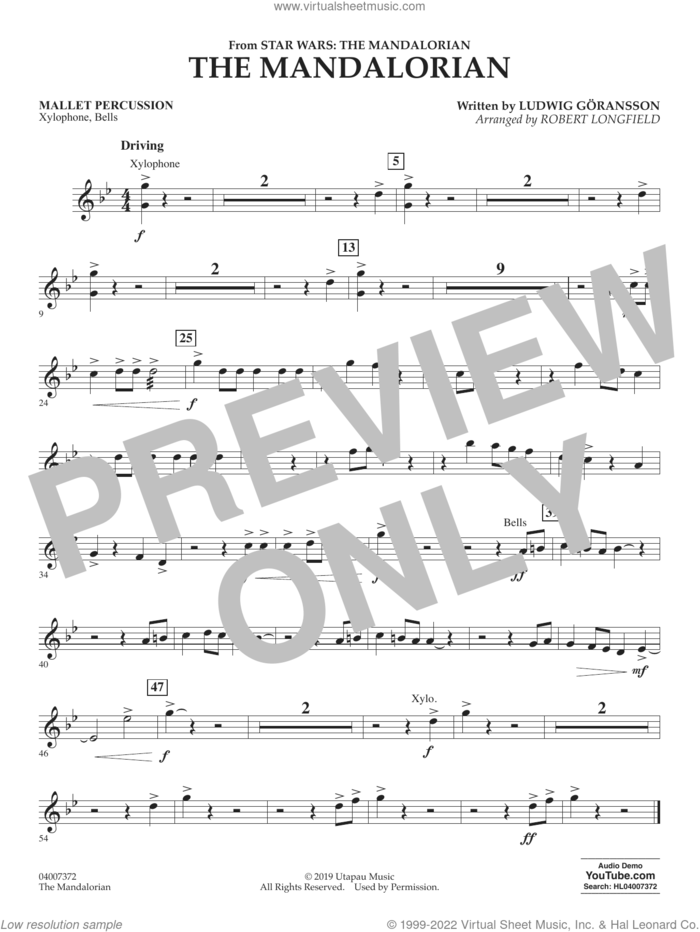 The Mandalorian (from Star Wars: The Mandalorian) (arr. Longfield) sheet music for concert band (mallet percussion) by Ludwig Göransson and Robert Longfield, intermediate skill level
