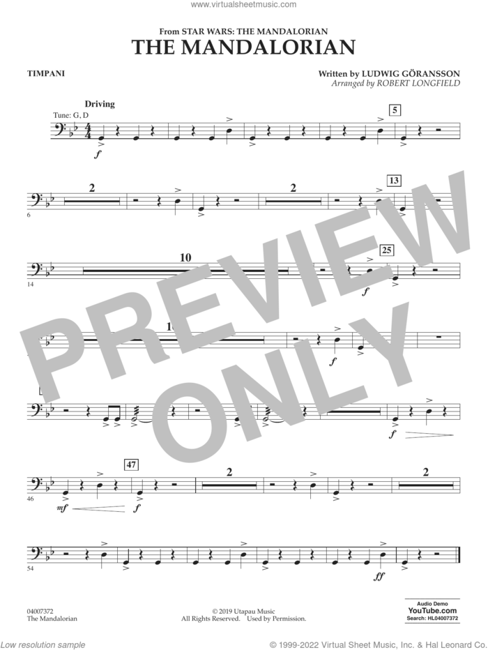 The Mandalorian (from Star Wars: The Mandalorian) (arr. Longfield) sheet music for concert band (timpani) by Ludwig Göransson and Robert Longfield, intermediate skill level