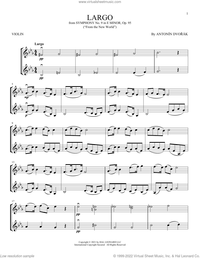 Largo sheet music for two violins (duets, violin duets) by Antonin Dvorak, classical score, intermediate skill level