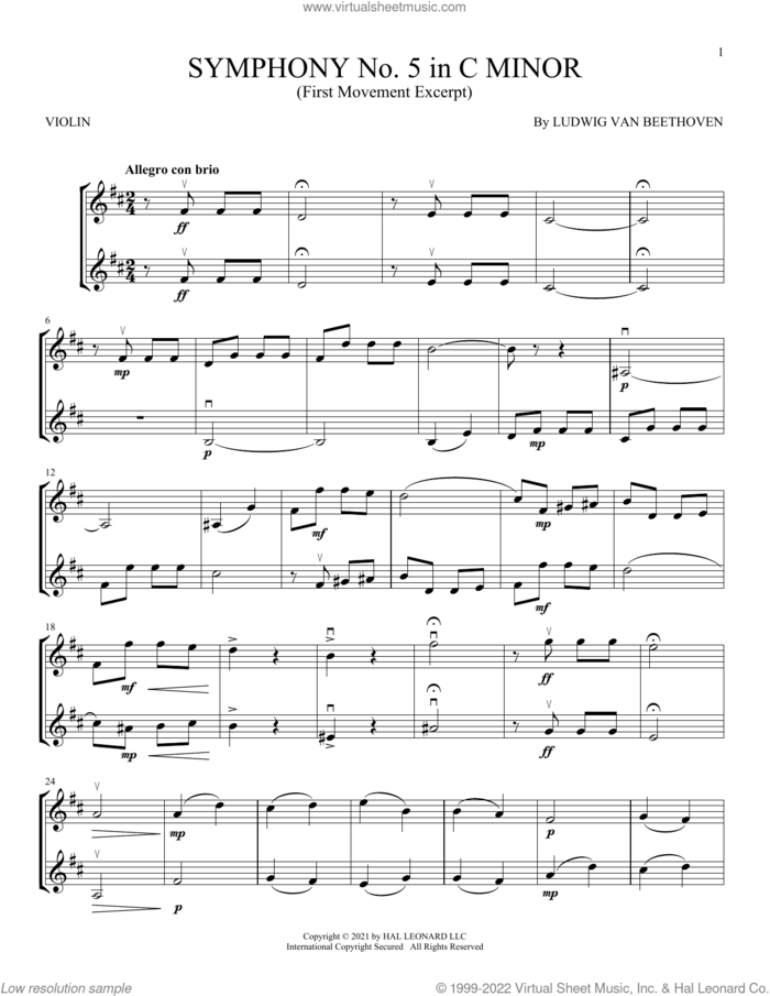 Symphony No. 5 In C Minor, First Movement Excerpt sheet music for two violins (duets, violin duets) by Ludwig van Beethoven, classical score, intermediate skill level