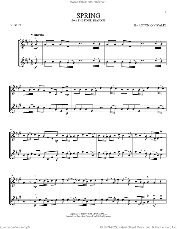 Spring (from The Four Seasons) sheet music for two violins (duets, violin duets) by Antonio Vivaldi, classical score, intermediate skill level
