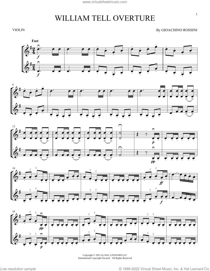 William Tell Overture sheet music for two violins (duets, violin duets) by Gioacchino Rossini, classical score, intermediate skill level