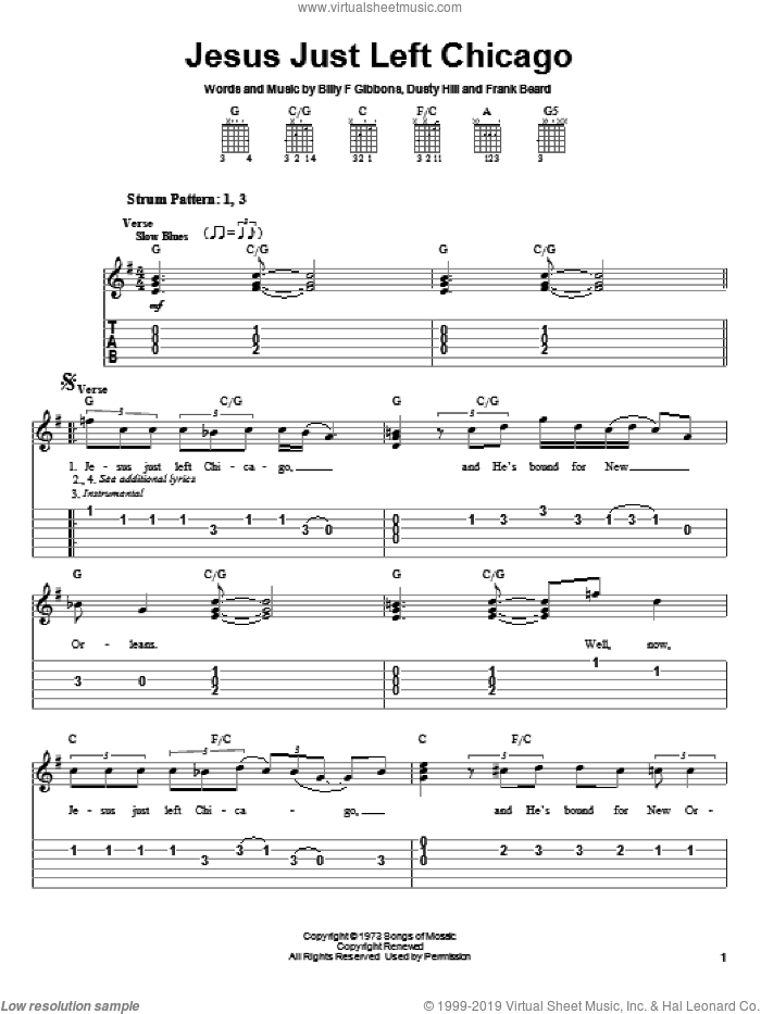 Jesus Just Left Chicago sheet music for guitar solo (easy tablature) by ZZ Top, Billy Gibbons, Dusty Hill and Frank Beard, easy guitar (easy tablature)