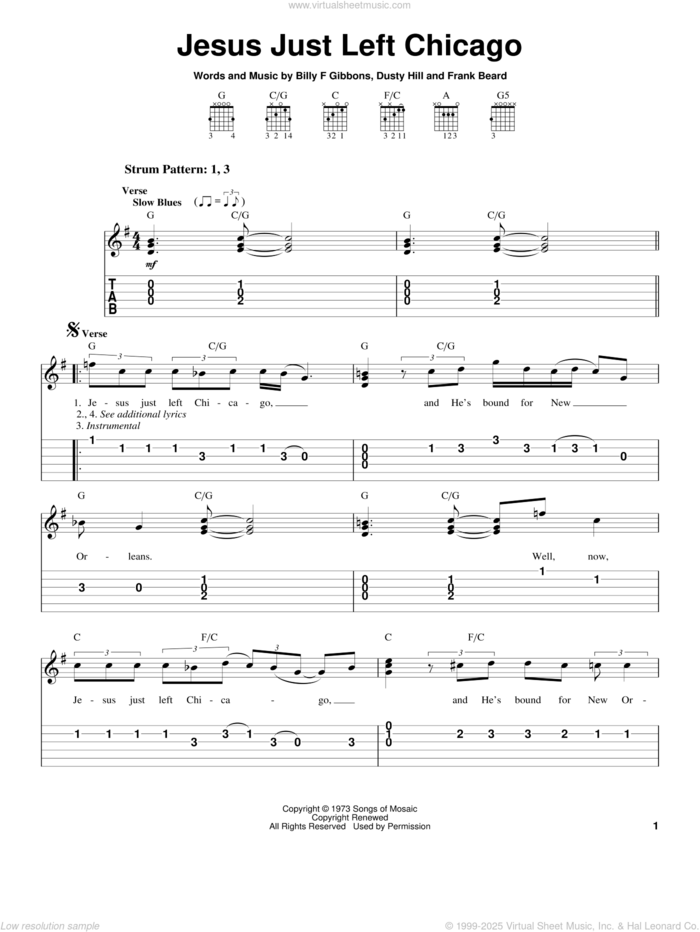 Jesus Just Left Chicago sheet music for guitar solo (easy tablature) by ZZ Top, Billy Gibbons, Dusty Hill and Frank Beard, intermediate guitar (easy tablature)