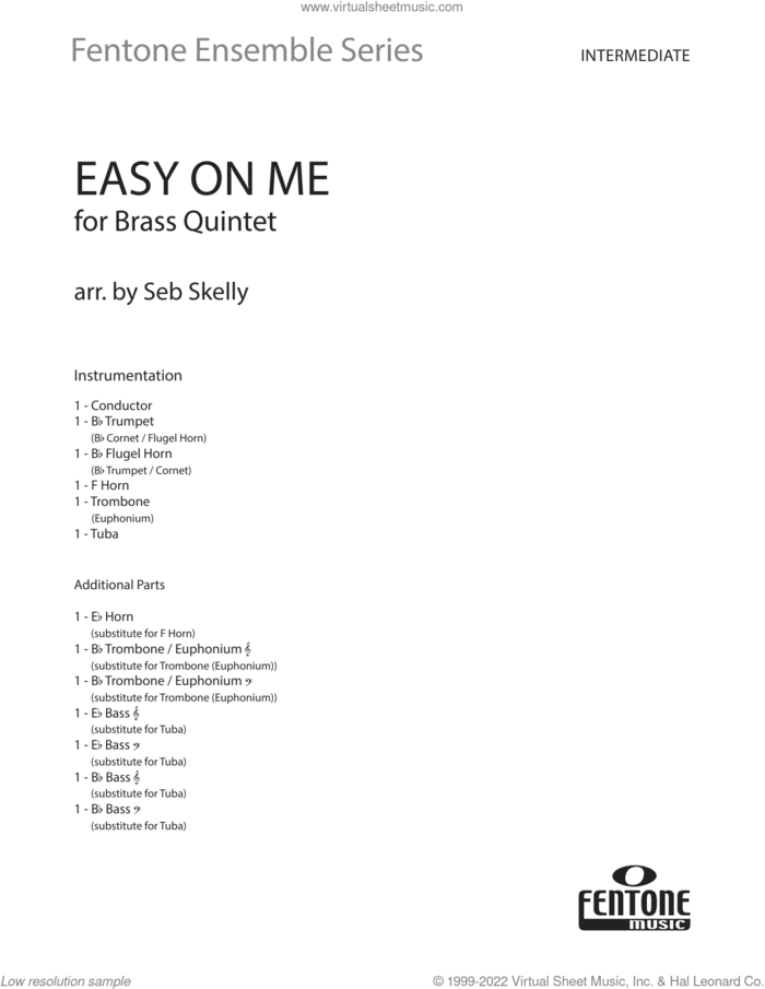 Easy On Me (for Brass Quintet) (arr. Seb Skelly) (COMPLETE) sheet music for brass quintet by Adele, Adele Adkins, Greg Kurstin and Seb Skelly, intermediate skill level