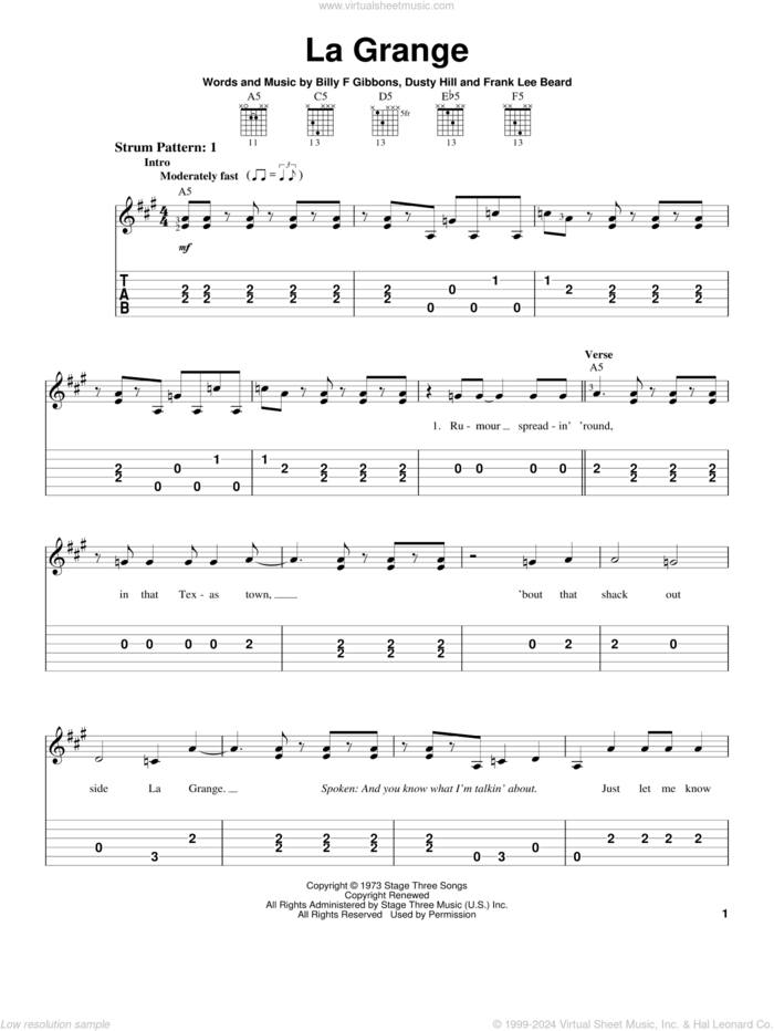 La Grange sheet music for guitar solo (easy tablature) by ZZ Top, Billy Gibbons, Dusty Hill and Frank Beard, easy guitar (easy tablature)