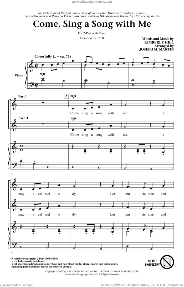 Come, Sing A Song With Me (arr. Joseph M. Martin) sheet music for choir (2-Part) by Kimberly Hill and Joseph M. Martin, intermediate duet