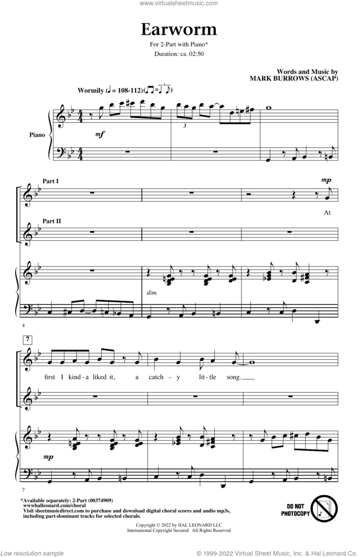 Earworm sheet music for choir (2-Part) by Mark Burrows, intermediate duet