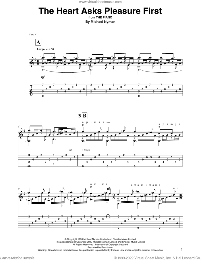 The Heart Asks Pleasure First (from The Piano) (arr. David Jaggs) sheet music for guitar solo by Michael Nyman and David Jaggs, intermediate skill level