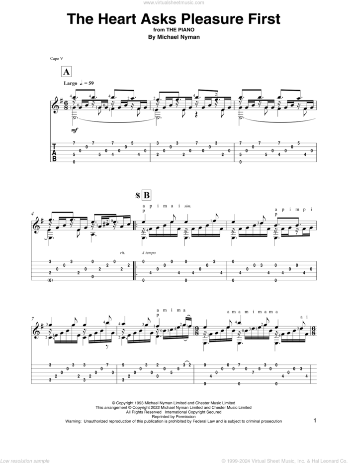 The Heart Asks Pleasure First (from The Piano) (arr. David Jaggs) sheet music for guitar solo by Michael Nyman and David Jaggs, intermediate skill level