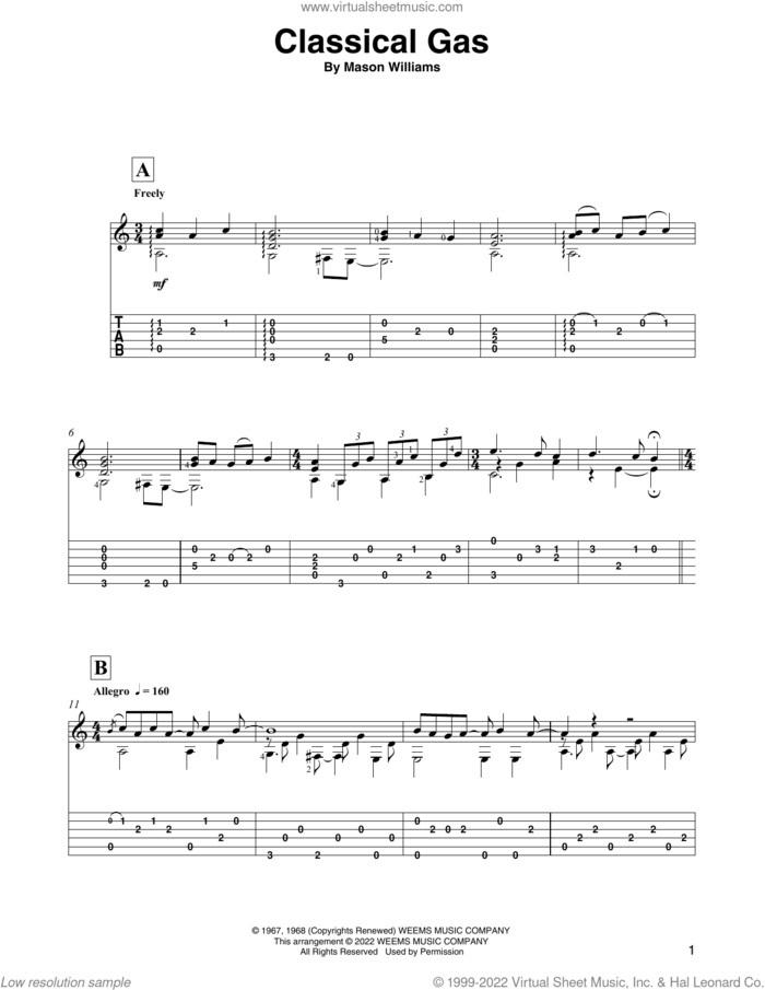 Classical Gas (arr. David Jaggs) sheet music for guitar solo by Mason Williams and David Jaggs, intermediate skill level